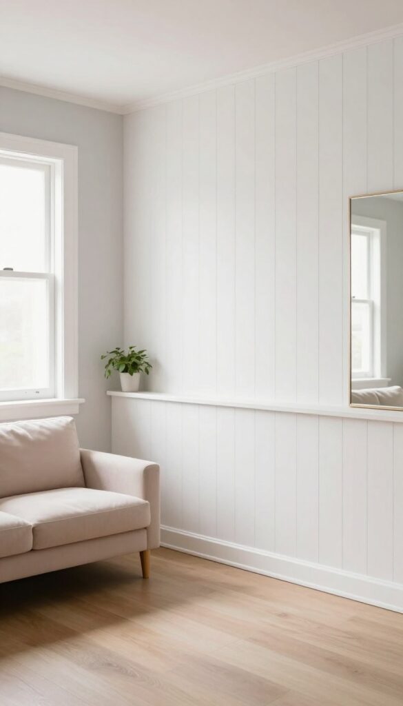Living room with vertical tongue-and-groove panelling, pale colors, and a mirror reflecting light