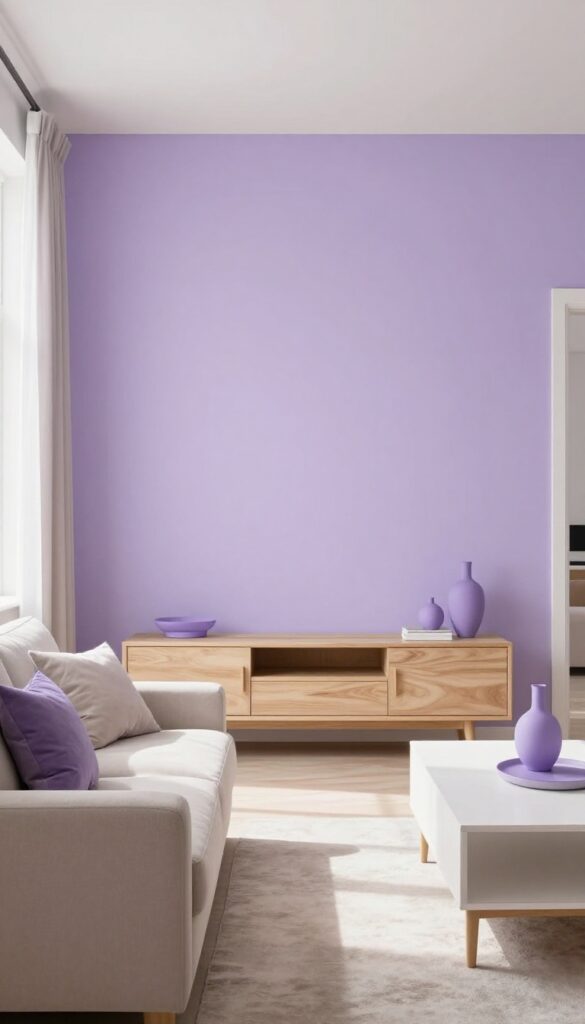 Living room with a soft lilac accent wall behind a beige sofa, light wood media console, and white coffee table, bright natural light.