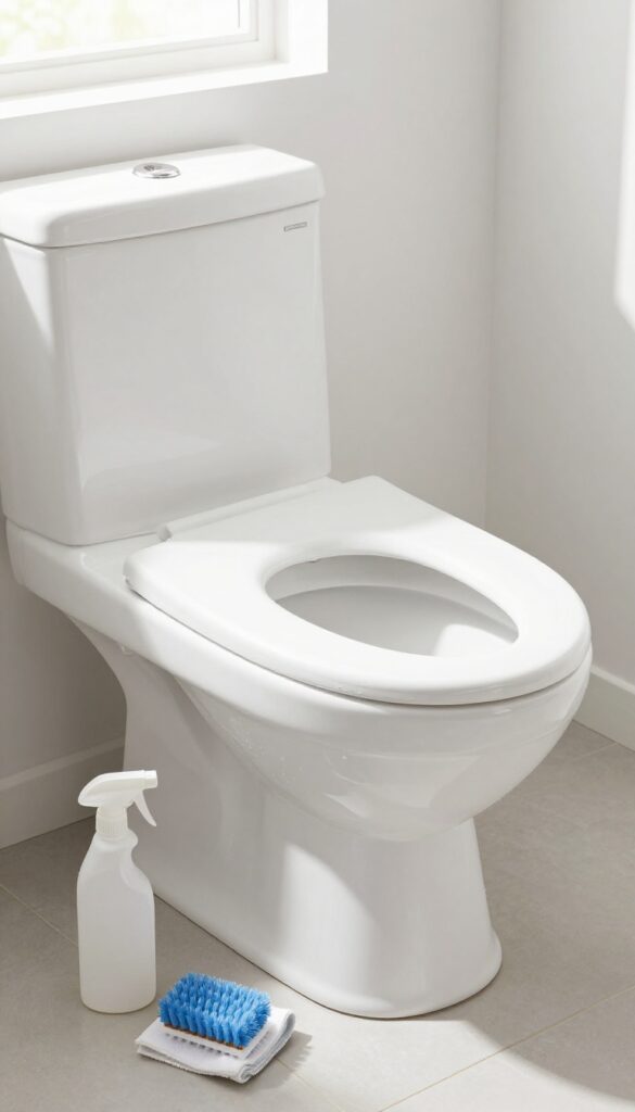 Cleaning the exterior of a white toilet with a microfiber cloth in a bright, clean bathroom.