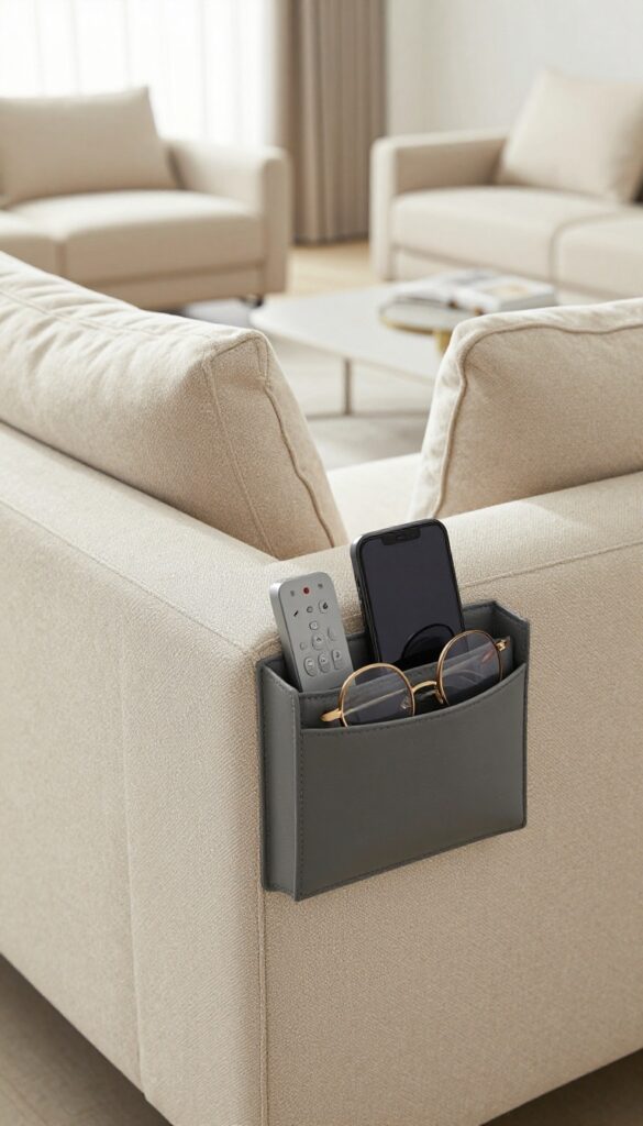 Sofa arm with charcoal leather side pocket organizer holding remote, phone, and glasses in bright living room