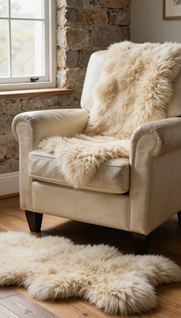 A rustic living room scene featuring a leather armchair with a faux fur throw and a sheepskin rug on the floor, creating a cozy and textured look.