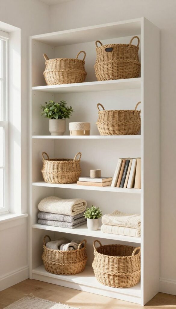 Living room with woven baskets on lower shelves for storage and warmth