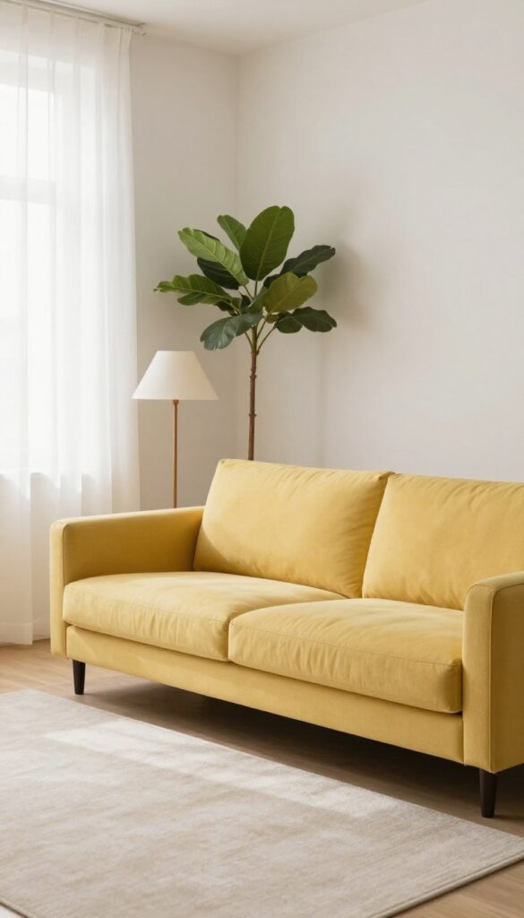 Low-profile yellow sofa in a bright small living room with open sightlines, tall floor lamp, and plant