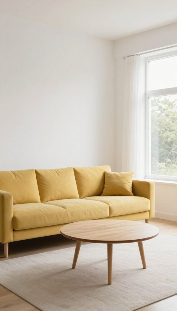 Yellow sofa with round coffee table in bright living room