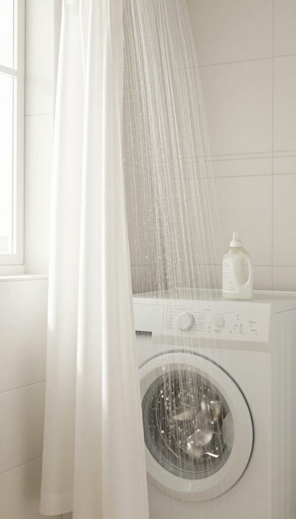 Open washing machine with a white shower curtain inside, surrounded by gentle water and bubbles in a bright bathroom.