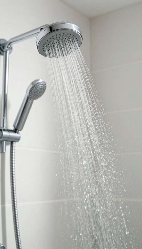 Rinsing a glass shower door with warm water from a handheld showerhead, leaving it sparkling clean.