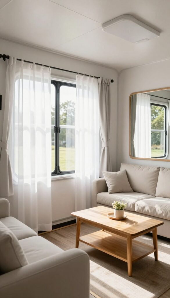 Bright trailer living room with sheer curtains and mirror reflecting sunlight
