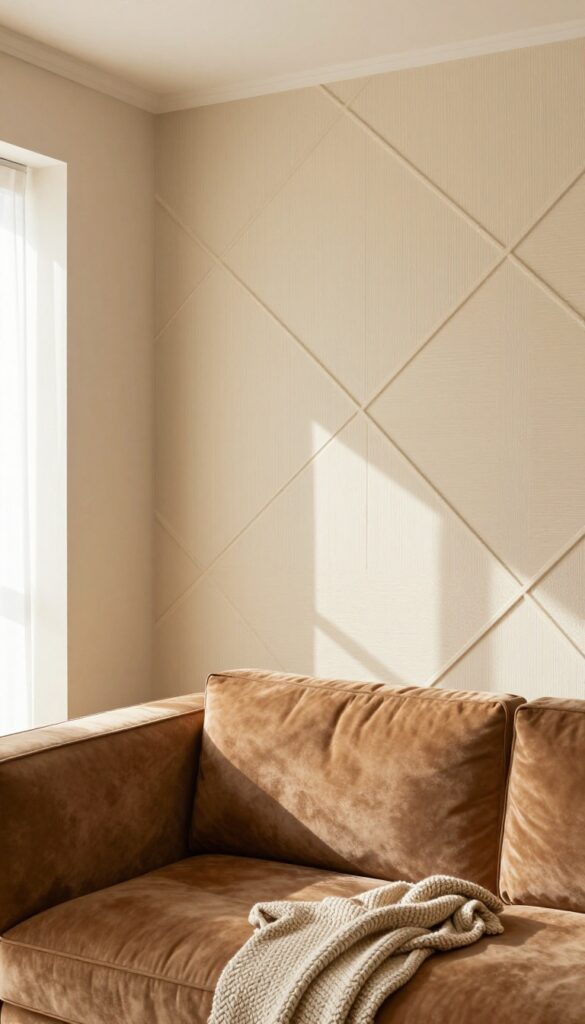 Geometric diamond wall moulding pattern in a warm beige living room with subtle contrast and soft lighting.