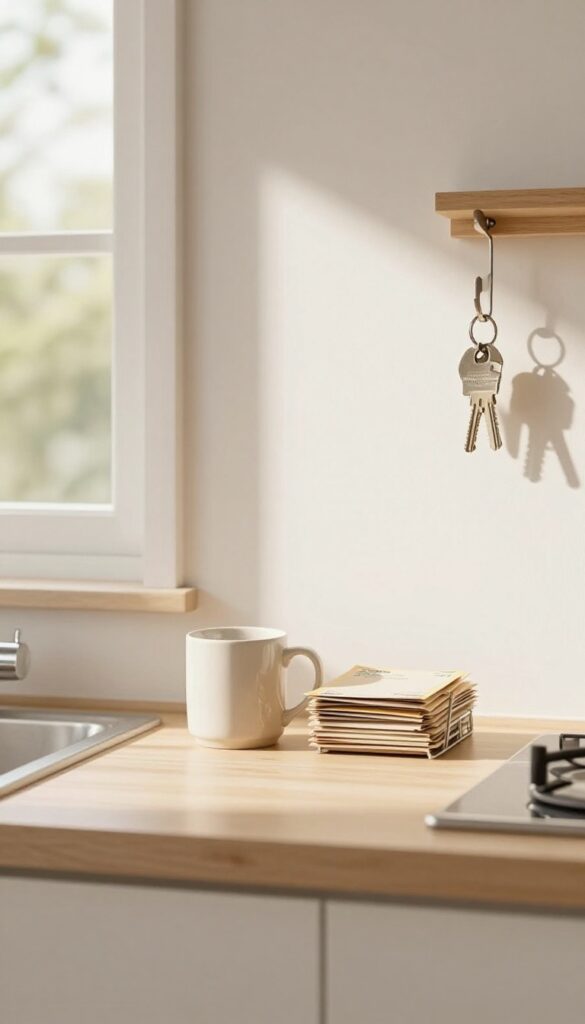A clean, organized kitchen with a final visual scan showing a mug, mail, and keys in their designated spots, creating a calm and tidy atmosphere.