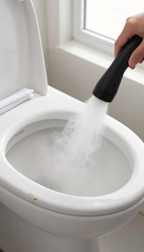 Handheld steam cleaner sanitizing a toilet bowl with hot steam