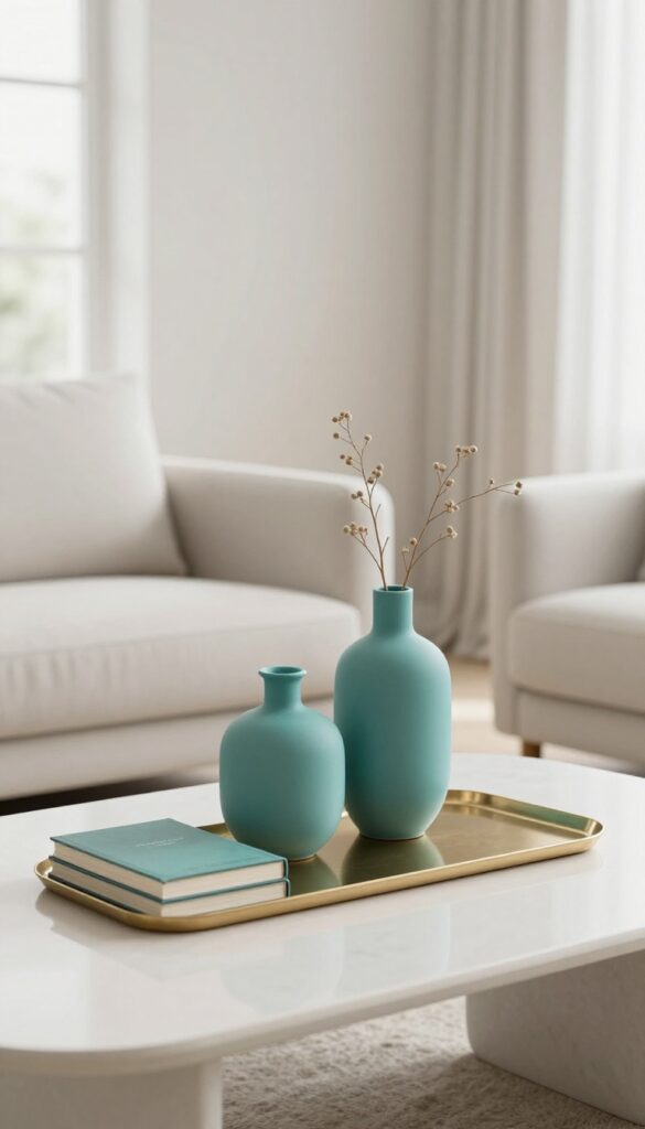 Close-up of a coffee table styled with a teal ceramic vase, books, and a brass tray in a bright, neutral living room.