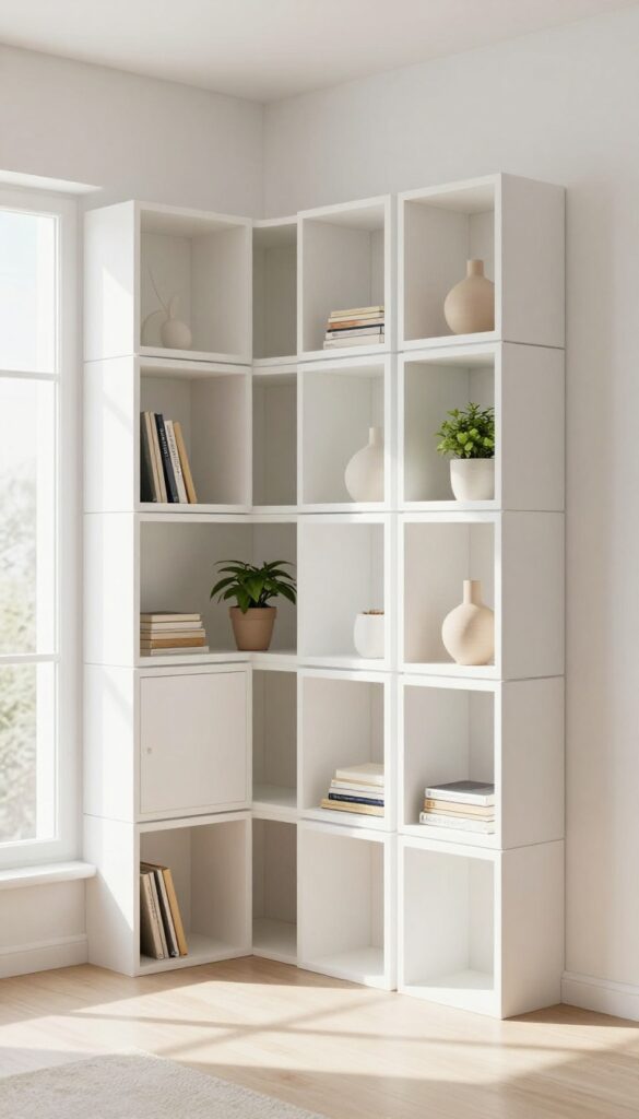 Modular cube storage system in a small living room, with open and closed cubes for flexible display and hidden storage.