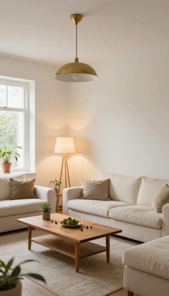 Living room with dark charcoal ceiling, white walls, warm lighting, and cozy furniture