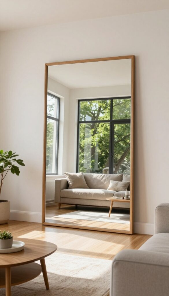 A large mirror opposite a window in a small living room reflects light and outdoor view, making the room feel brighter and larger.