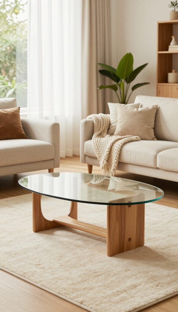 Light and airy living room with a round glass coffee table on a cream rug, cozy sofa with textured pillows, and natural light.