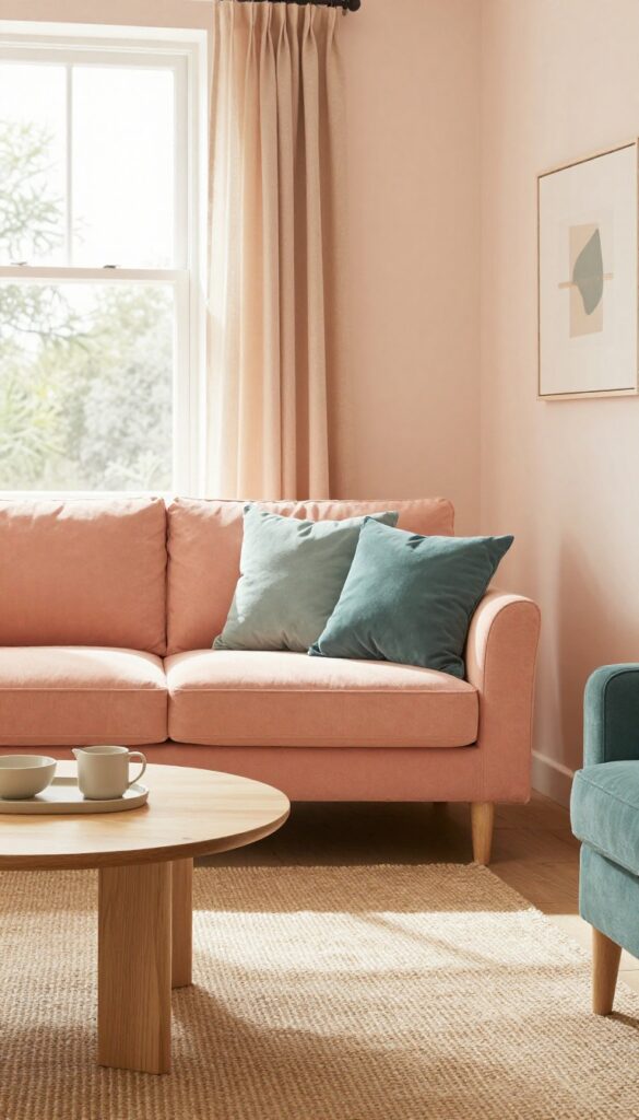 Small living room with peach walls and sofa, teal accent chair and pillows, light wood coffee table, jute rug, linen curtains, natural sunlight.