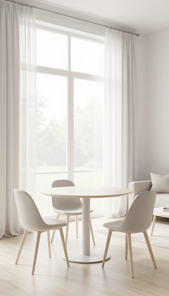 Small living room with round dining table near window