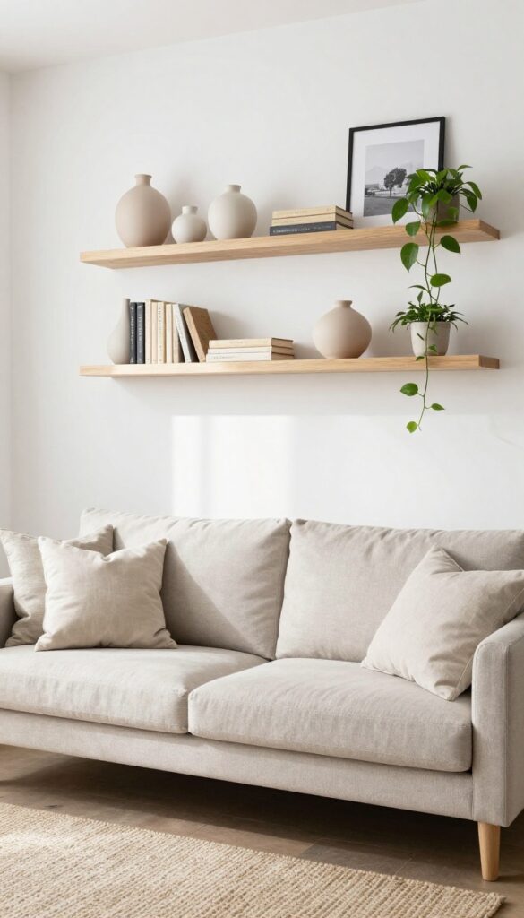 Light wood floating shelves styled with ceramics, books, and plants in a bright cottage living room