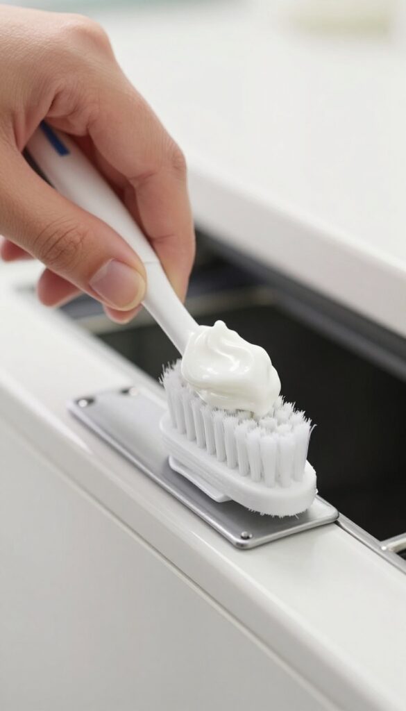 Person scrubbing oven door gasket with toothbrush and baking soda paste