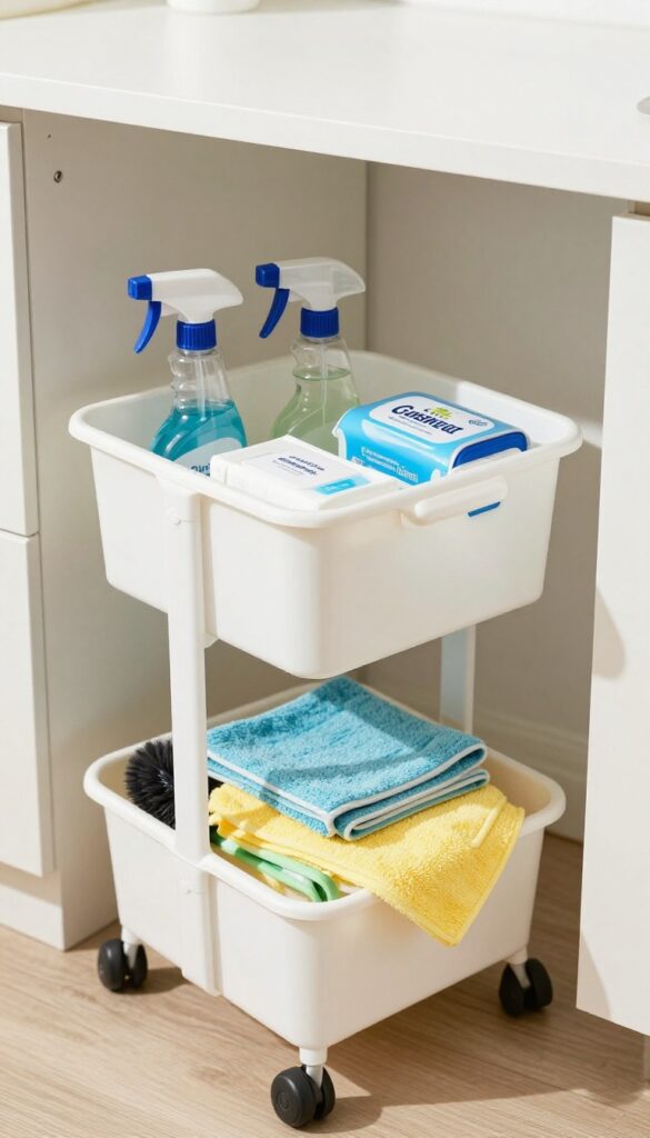 Cleaning caddy on a shelf inside a neat closet, filled with cleaning supplies