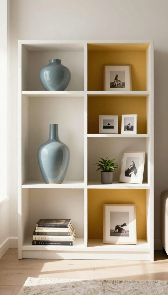 A bookcase styled with symmetrical and asymmetrical decor, featuring a tall blue vase on one side and framed photos on the other, in a bright living room.