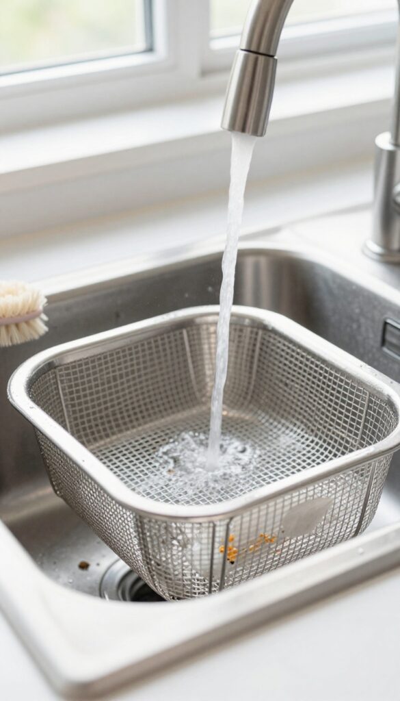 Close-up of a dishwasher filter being rinsed under hot water in a bright kitchen sink, with a soft brush nearby.