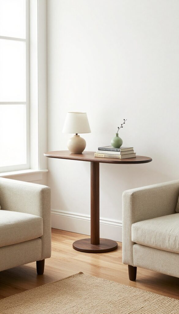 A narrow pedestal table behind a sofa in a small living room with a lamp, books, and a vase, showing a slim console alternative.