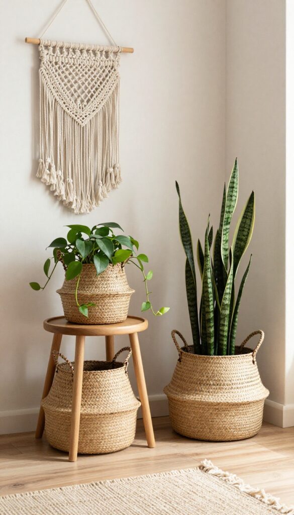 Bohemian living room with plants in woven baskets, natural light, cozy decor