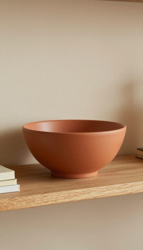 A floating shelf with a single large terracotta ceramic bowl as a minimalist decor focal point in a cozy living room.