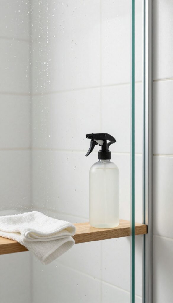 Close-up of a clean glass shower door with water droplets, a spray bottle and microfiber cloth nearby, bright natural light.