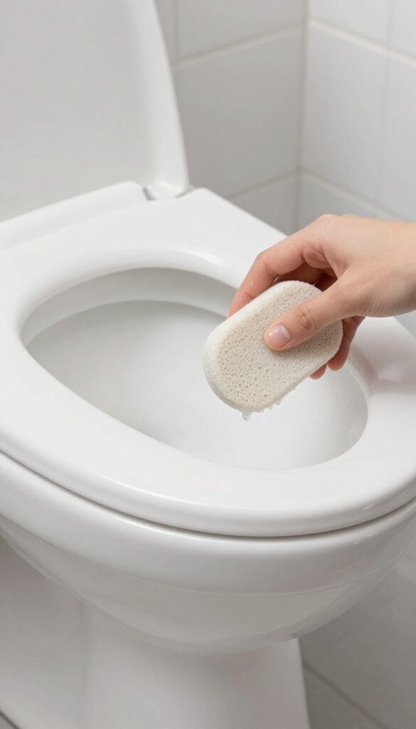 Hand using a wet pumice stone to remove a hard water ring from a toilet bowl