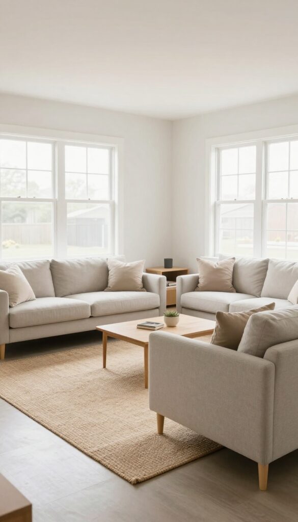 Floating furniture layout in a narrow single wide living room with sofa and chairs away from walls, creating a defined conversation area.