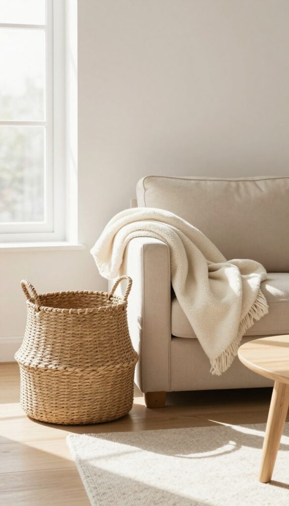 Neutral living room with woven basket storage and soft textiles