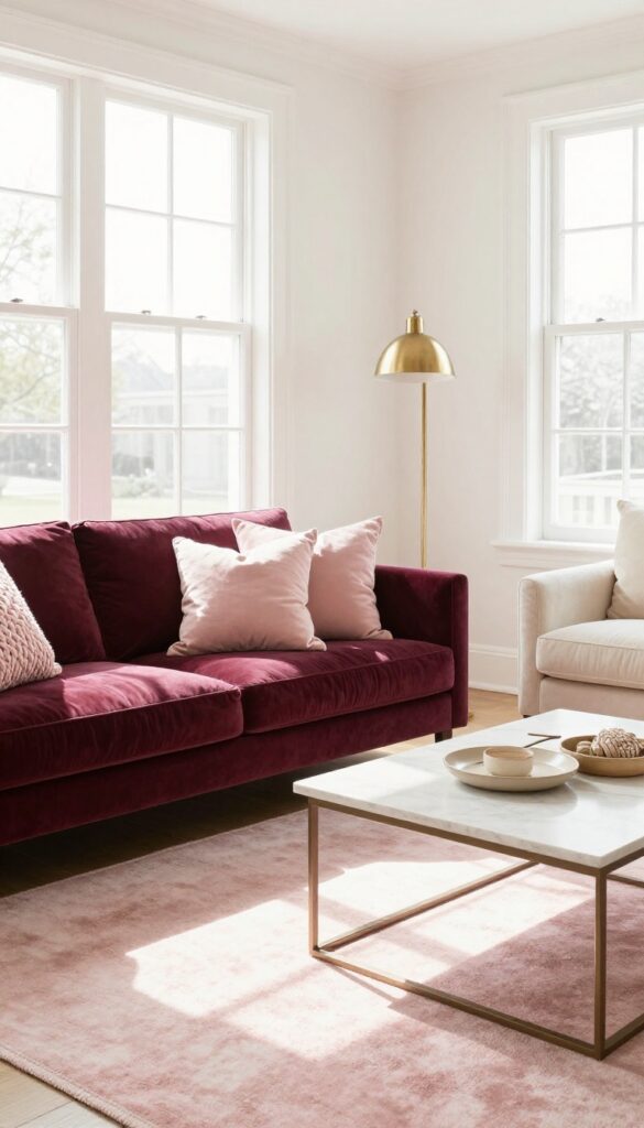 Bright living room with burgundy sofa and blush pink accents