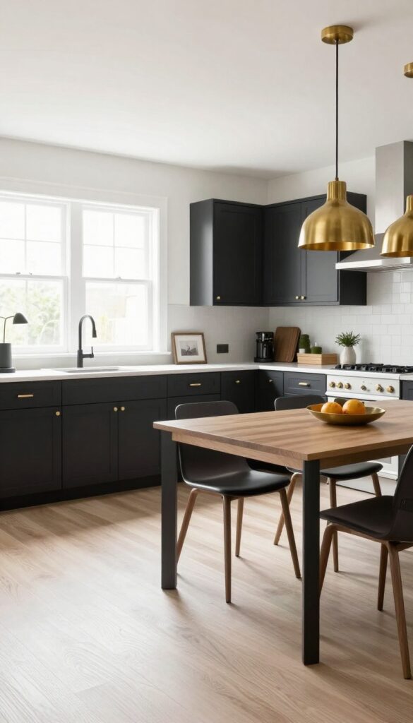 Open-concept living room and kitchen with cohesive matte black and brushed brass metal finishes, natural light, clean and modern style