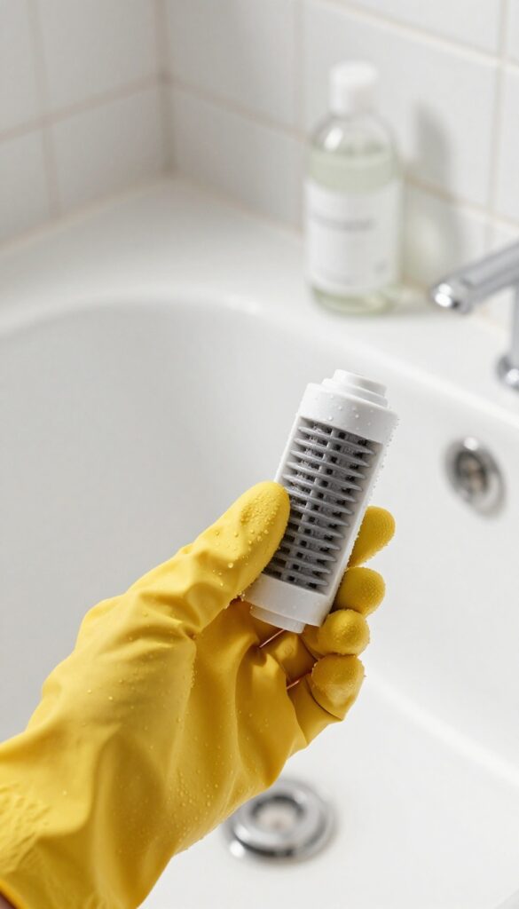 Hand holding a clean jetted bathtub filter near a bottle of white vinegar in a bright bathroom