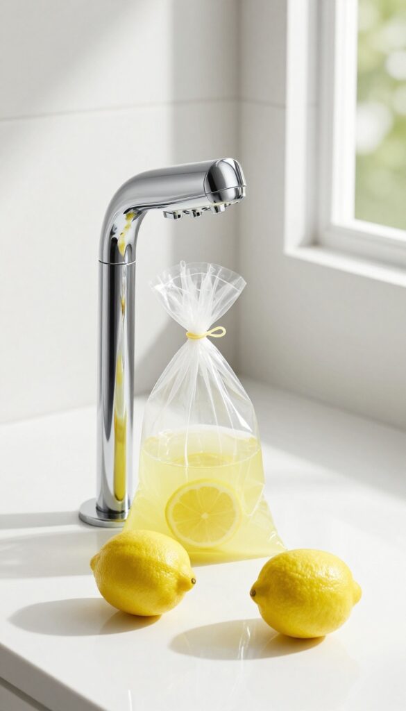 Shower head soaking in a bag of lemon juice for cleaning