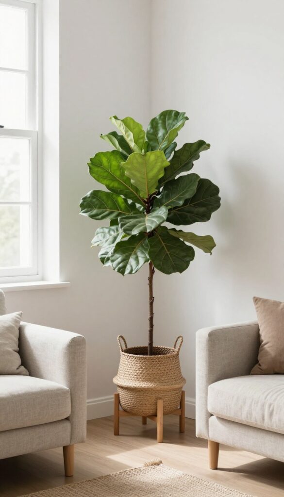 Tall fiddle-leaf fig in woven basket on plant stand in bright tiny living room corner