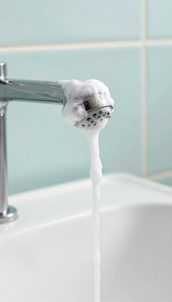 Shower head covered in baking soda paste for deep cleaning stains