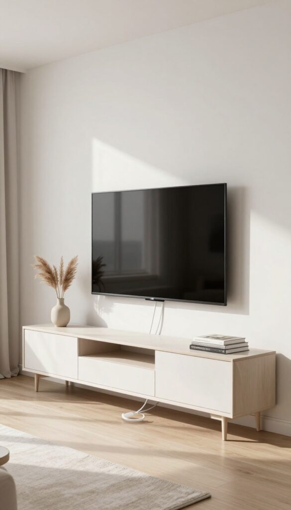 A clean, modern living room with a TV and media console where all cords are hidden, styled with a vase and books in natural light.