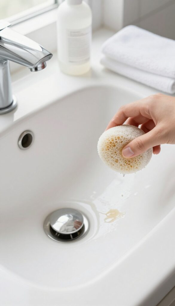 Hand using a wet pumice stone to remove hard water stain from a white porcelain sink in a bright, clean bathroom