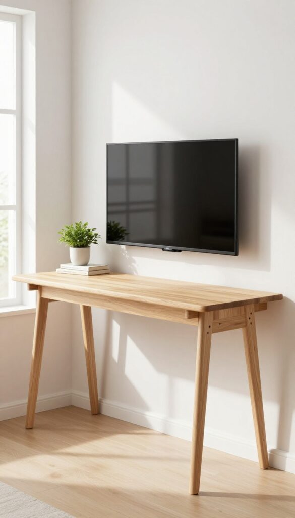 Foldable wall desk in a living room corner used as a TV stand, with a TV and a small plant on it