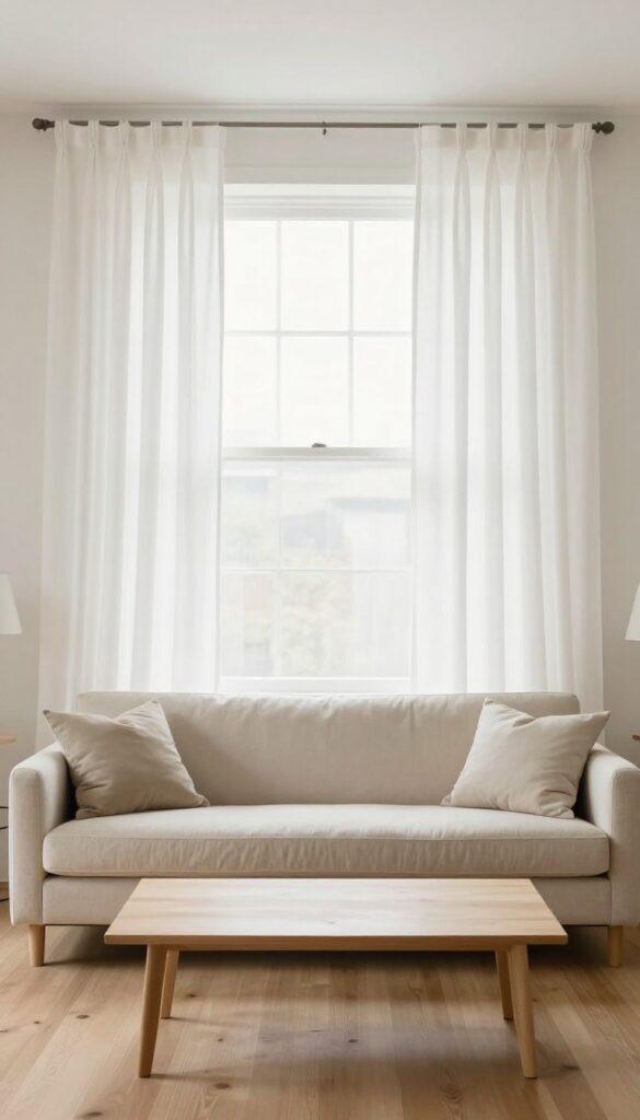Living room with beige sofa and floor-to-ceiling white curtains pooling on the floor, bright natural light, clean and airy decor.