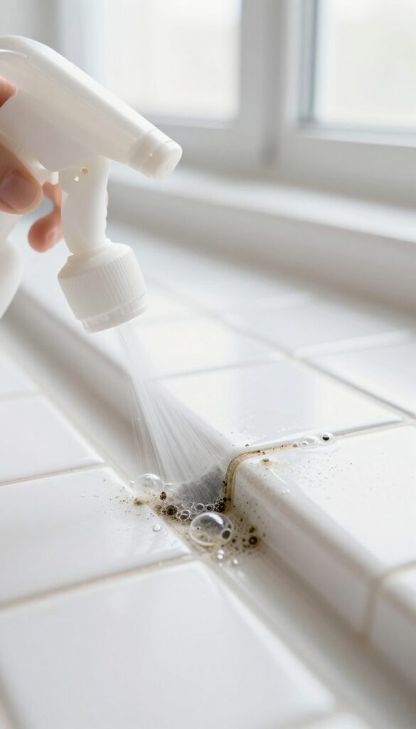Close-up of hydrogen peroxide being sprayed onto stained shower grout