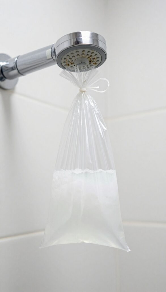 Shower head soaking in a bag of white vinegar to remove limescale buildup