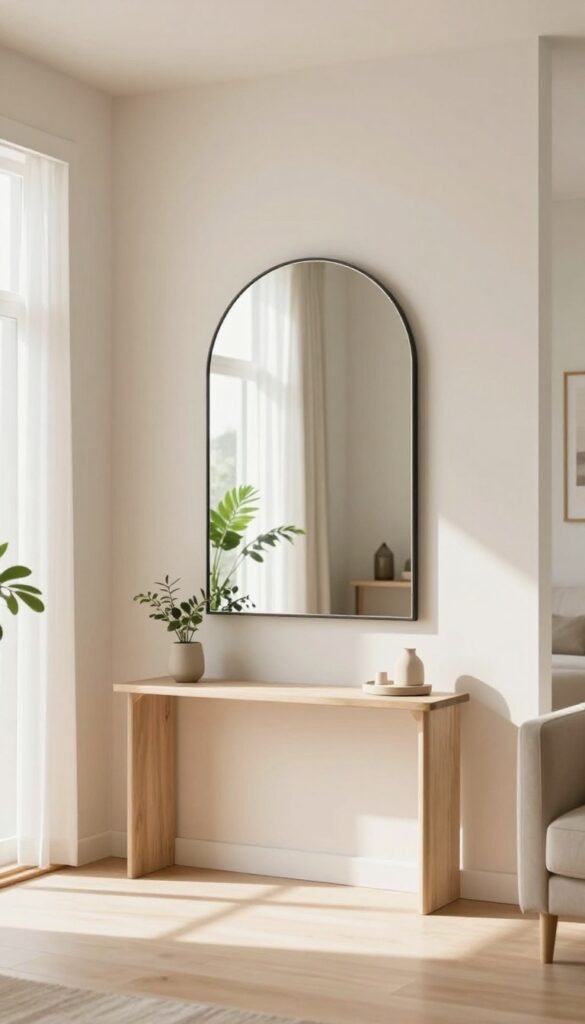 Mirror hung across from doorway reflecting light into small living room