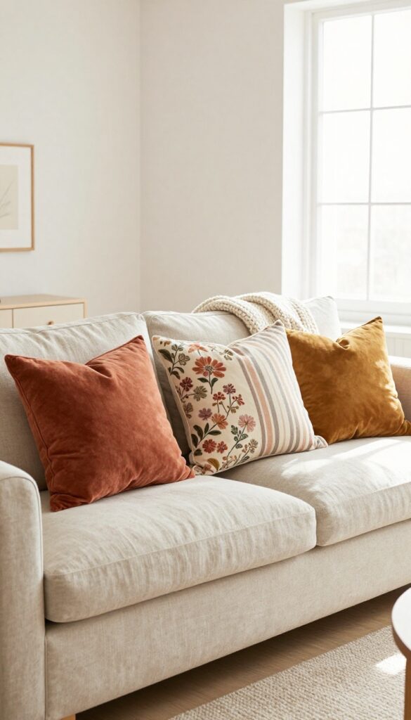 Layered throw pillows in mixed patterns and warm colors on a neutral sofa in a bright living room.