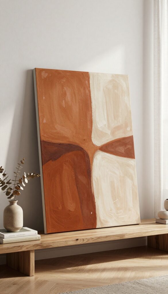 Large abstract canvas in warm rust and ochre leaning against a wall in a modern living room with natural light, console table, books, and dried eucalyptus