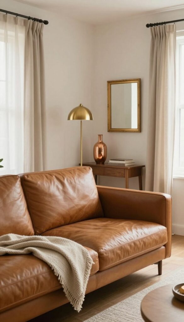 Small living room with cognac leather sofa and warm metallic accents including brass lamp, copper vase, and gold-framed mirror