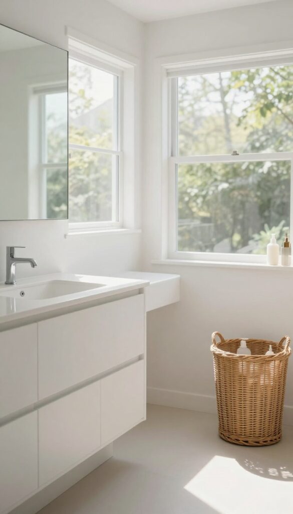 Bathroom with cleared countertops and a basket of toiletries, ready for cleaning.